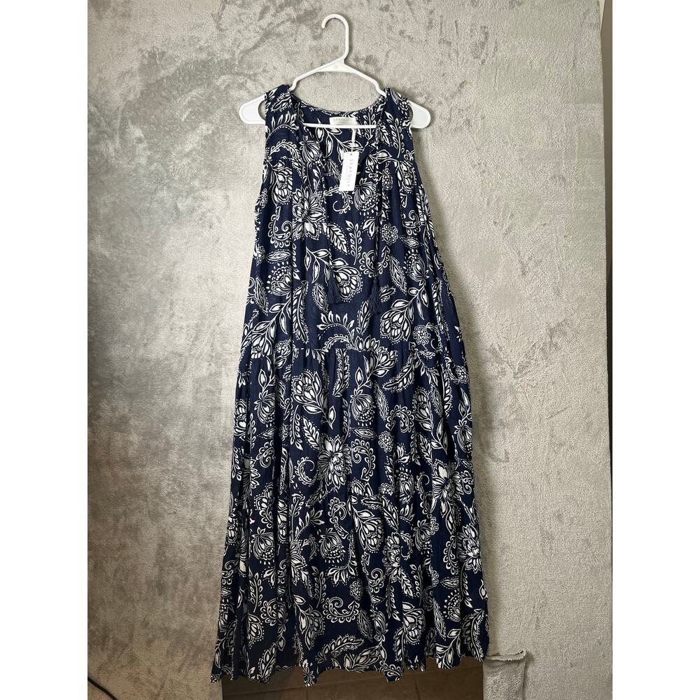 Seafolly Folklore Midi Dress True Navy Boho Coastal Resort Flowy Sundress MD New